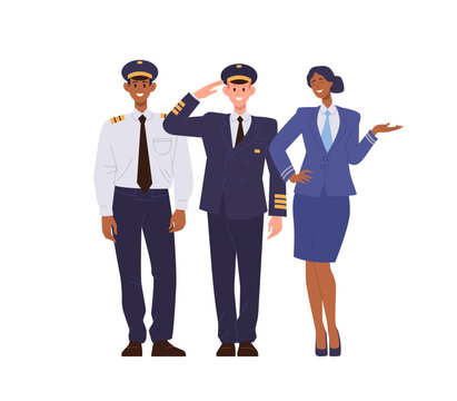 Passenger plane crew character, pilot commander, flight attendant and steward airliner crew