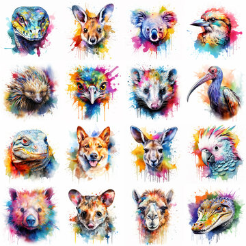 Australian animal set painted with watercolors on a white background in a realistic manner, multicolored and iridescent.
