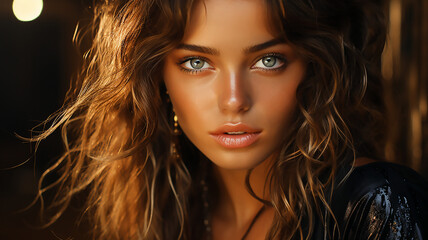 Fototapeta premium Charming girl with wavy short hair in shiny dress posing with confetti, generative AI tools 