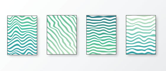 Modern abstract wavy lines wall art poster. Sea blue gradient lines poster for interior wall vector mockup.