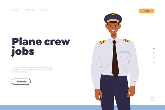 Plane crew job landing page design template with cartoon captain character wearing uniform