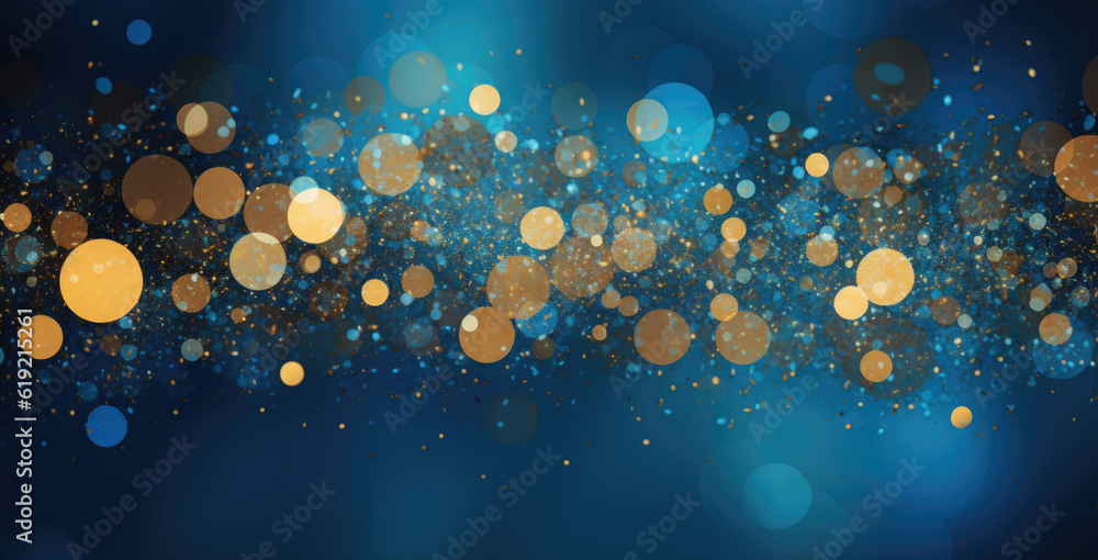 Poster background with abstract sparkles on blue background. golden glitter particles on dark background. a