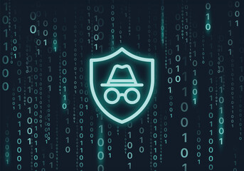 Blue neon shield with incognito mode sign on futuristic program code background. Safety coding and network connection on incognito mode vector background. VPN background.