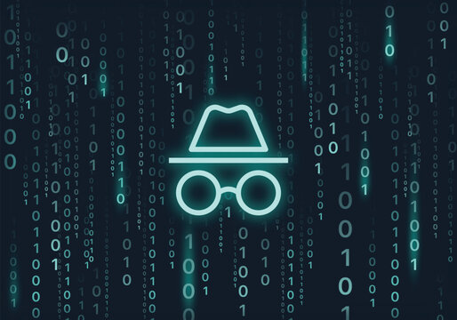 Blue neon incognito mode sign on futuristic program code background. Incognito coding and network connection on incognito mode vector background. VPN background.