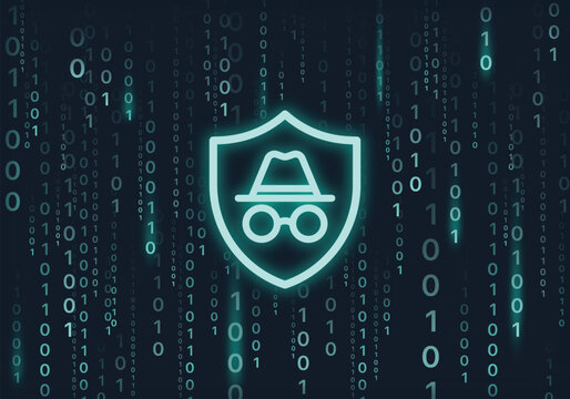 Blue neon shield with incognito mode sign on futuristic program code background. Safety coding and network connection on incognito mode vector background. VPN background.