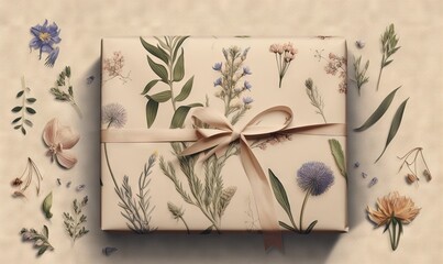  a wrapped gift with a ribbon and flowers on it on a table.  generative ai