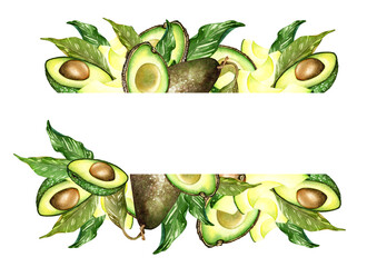 Watercolor avocado frame, postcard. Hand drawn botanical illustration. Vegetarian fruit. Half an avocado. Green avocado slices. Fresh fruit.