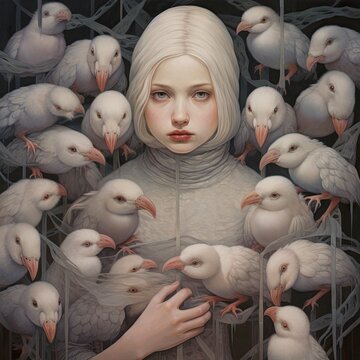 Artistic surreal portrait of a girl with birds on light grey background, psychological problems of teenagers, AI generative