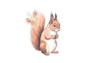 cute squirrel carrying a nut in its paws in a watercolor style