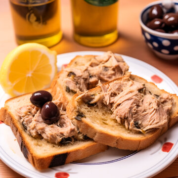 A plate of canned Tuna, Tunisian Harrisa, delicious bread, olive