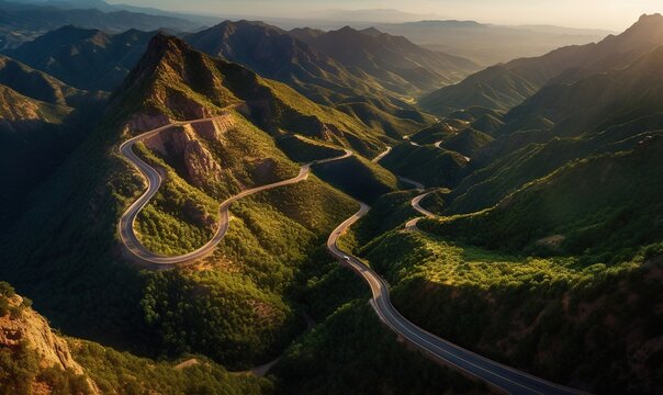  an aerial view of a winding road in a mountainous area.  generative ai