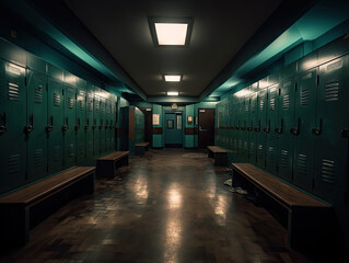 dressing room or corridor with lockers, AI generative