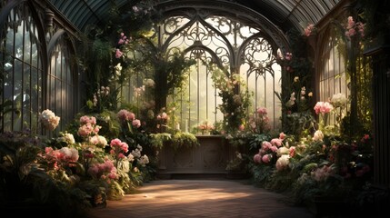 Fototapeta na wymiar Inside a Victorian greenhouse full of plants and flowers in blossom. Made with Generative AI. 
