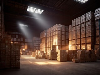 Rows Of Shelves With Boxes In Warehouse, AI generative