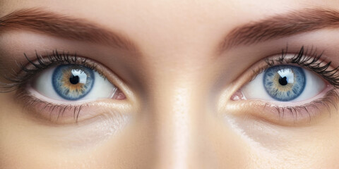Obraz premium Young beautiful woman with blue eyes, closeup detail to her face, both iris visible. Generative AI