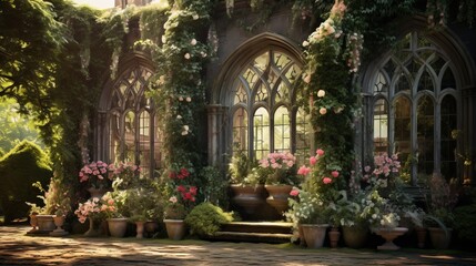 Victorian greenhouse facade with big windows, and plants in blossom. Made with Generative AI.