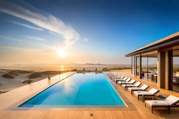 A mesmerizing desert landscape with a swimming pool