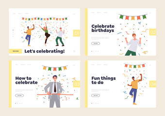 Fototapeta na wymiar Set of landing page website template offering best tips for party celebration with happy people