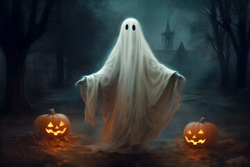 Scary ghost and jack-o-lanterns at the night park. Halloween background. Generative AI