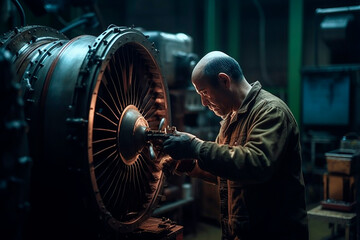 Obraz na płótnie Canvas An engineer works with a turbine. Generative AI