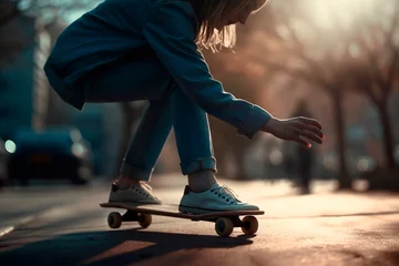 Tuinposter The girl is riding a skateboard. Generative AI © ARAMYAN