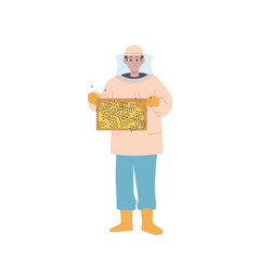 Professional beekeeper cartoon character holding frame with honeycomb and insect, apiculture concept