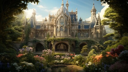 Fototapeta premium Stone castle and a garden full of plants and flowers in blossom. Made with Generative AI.