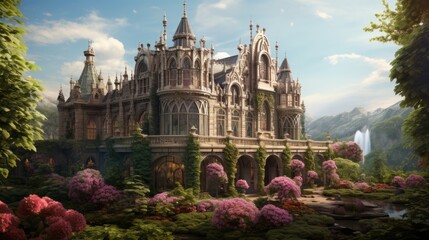Fototapeta premium Stone castle and a garden full of plants and flowers in blossom. Made with Generative AI.