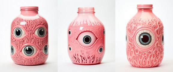 Various jars with monsters. 3D objects on white background.