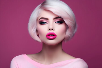 Naklejka premium Beautiful woman with vivid makeup. Fashion model. Pink color palette