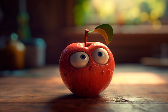 Cartoon Apple With Eyes And Mouth. Generative AI