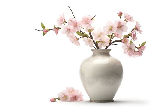 white vase filled with pink flowers on a light background