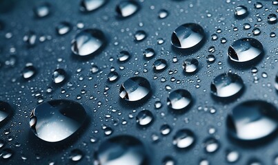  a close up of water droplets on a black surface with a blue background.  generative ai