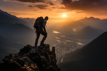 man climbing a large mountain at sunset. Silhouette and leadership concept