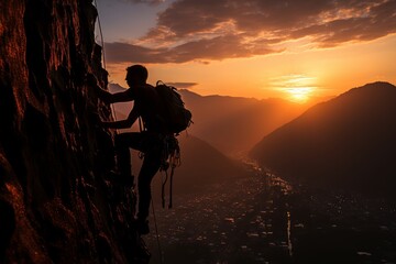 young man climbing a mountain at sunset - obrazy, fototapety, plakaty