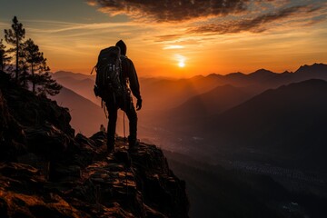 man climbing a large mountain at sunset. Silhouette and leadership concept - obrazy, fototapety, plakaty