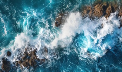 Fototapeta premium an aerial view of the ocean with waves crashing against the rocks. generative ai