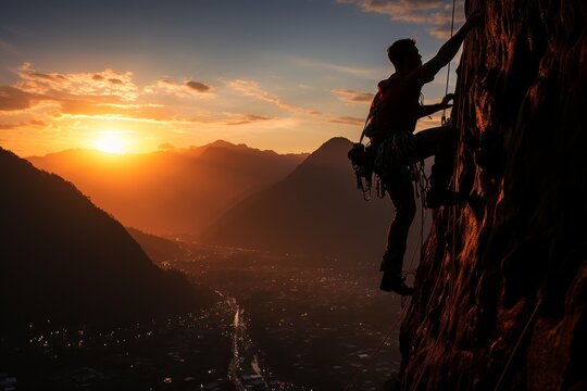 man climbing a large mountain at sunset. Silhouette and leadership concept