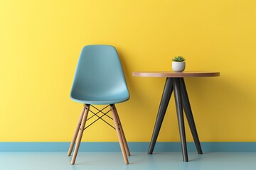 minimalist workspace with a blue chair and wooden table against a vibrant yellow wall