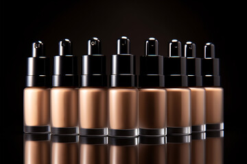 Many bottles of makeup foundation on dark background. Cosmetic product presentation. Copy space, nude colors