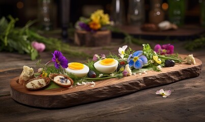 Obraz na płótnie Canvas a wooden cutting board topped with an egg and other food. generative ai