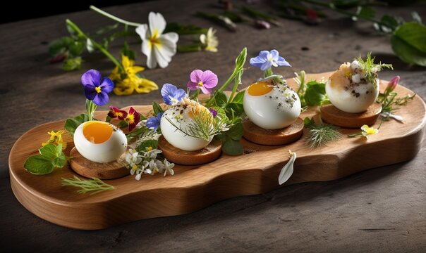  a wooden tray with eggs and flowers on top of it.  generative ai