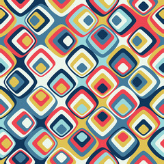 Retro style geometric motif with concentric squares on a multicolor background. Vintage design. Seamless repeating pattern. Vector illustration for textile, fabric, wrapping, and print. 