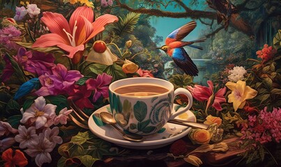 Obraz na płótnie Canvas a painting of a cup of coffee with a bird on it. generative ai