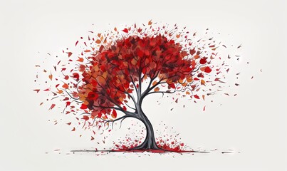  a painting of a tree with red leaves falling off of it.  generative ai