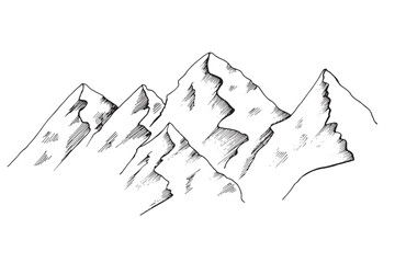 Hand drawn vector landscape with mountains, trees in the mountains. Perfect for banner, poster and sticker design.
