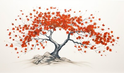  a painting of a tree with red leaves on it's branches.  generative ai