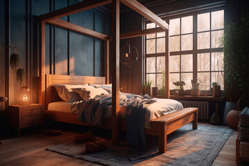 Bedroom with a large window. Generative AI