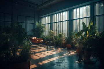 Fototapeta premium Room with plants and a large window. Generative AI
