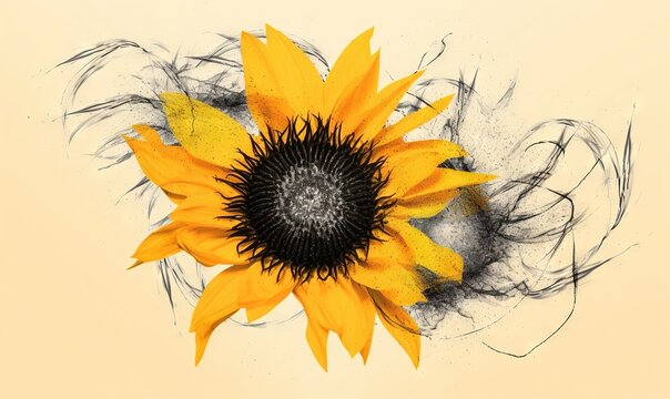  a drawing of a sunflower with a black center on a yellow background.  generative ai